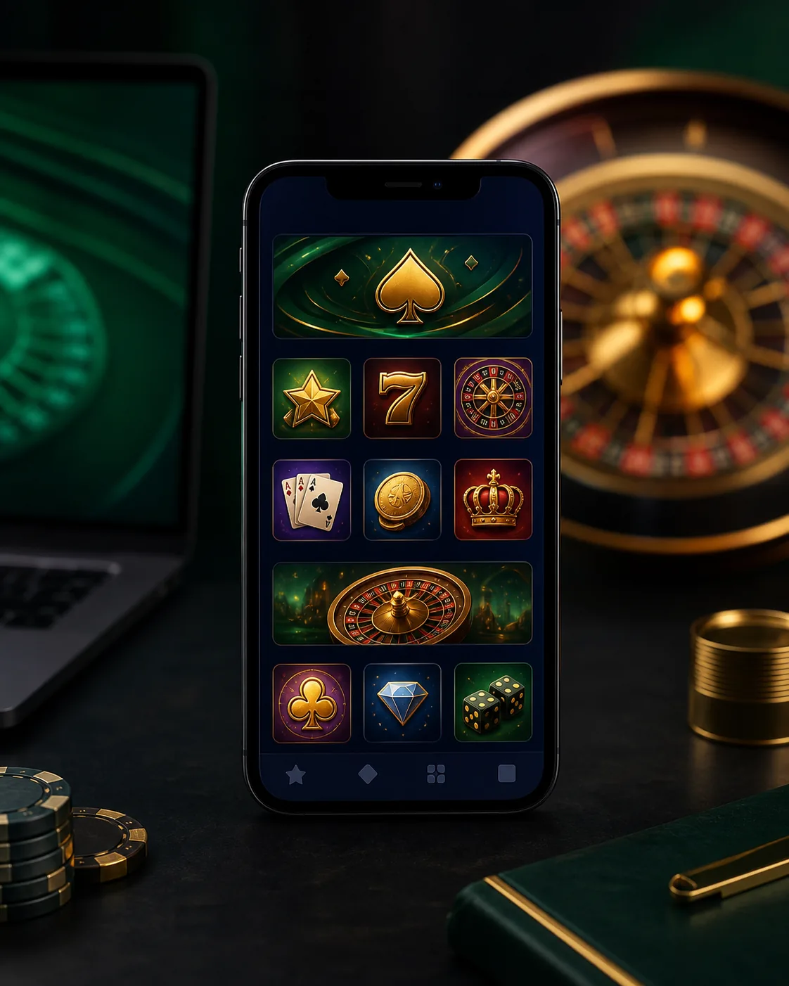 Ponsel menampilkan ilustrasi kasino digital generik untuk konteks mobile