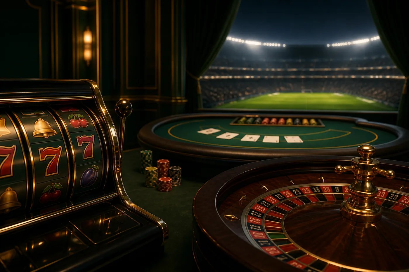 Ilustrasi kategori slot, permainan meja, dan olahraga dalam kasino digital