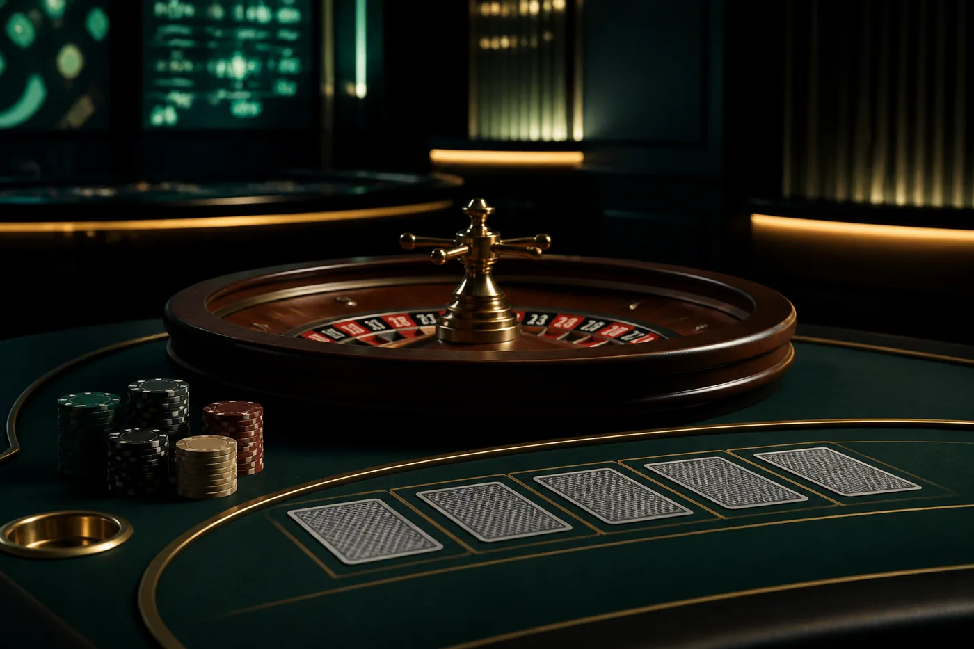Meja roulette dan kartu sebagai ilustrasi permainan meja siaran langsung